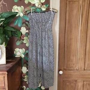 Strapless Smocked Jumpsuit Womens M Black White Floral Wide Leg Cropped Viscose